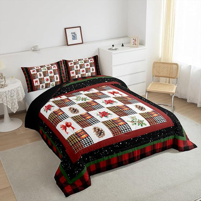 Merry Christmas Comforter Set Full Size,Red Black Checkered Patchwork Bedding Set for Kids Teens Women Men Room Decor,Christmas Tree Pinecone Bowknots Quilt Set Retro Plaid Duvet Insert 3Pcs