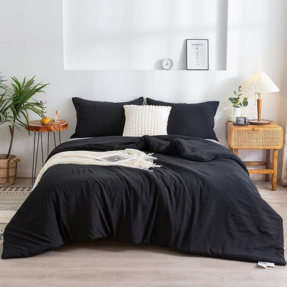 COTTEBED Solid Chic Black Comforters Sets Queen Size Bedding - 3 Pieces Lightweight Silky Soft Cozy Washed PolyCotton Microfiber - 1 Down Alternative Conforter with 2 Pillow Sham All Season,Queen/Full