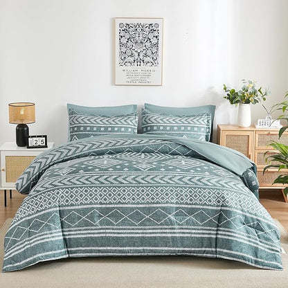Yiran Boho Aztec Comforter Set Queen Size, Grayish Blue Comforter Bedding Set, 7 Piece Bed in a Bag, Soft Microfiber Bohemian Striped Complete Bedding Set with Sheets for All Season