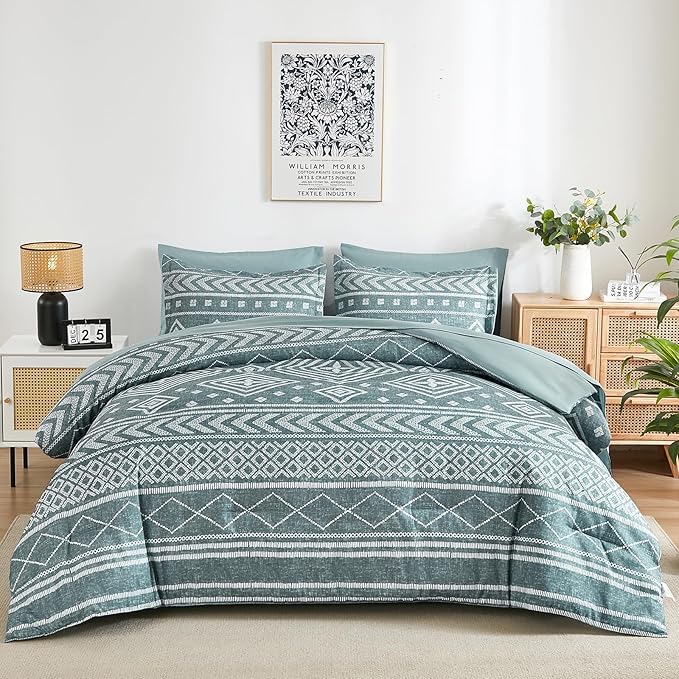 Yiran Boho Aztec Comforter Set King Size, Grayish Blue Comforter Bedding Set, 7 Piece Bed in a Bag, Soft Microfiber Bohemian Striped Complete Bedding Set with Sheets for All Season