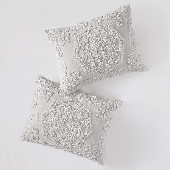 Madison Park Laetitia Comforter Bohemian Tufted Cotton Chenille, Medallion Shabby Chic All Season Down Alternative Bed Set with Matching Shams, Floral Grey Full/Queen(90"x90") 3 Piece