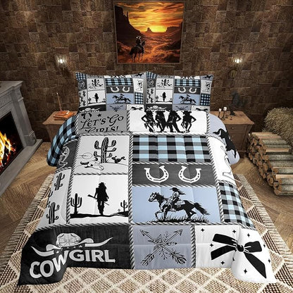 Western Cowgirl Girly Comforter Set King Size,Cactus Horseshoe Cow Skull Bow Bedding Set,Girls Women Room Decor,Cowgirl Boot Geometric Plaids Down Comforter,Blue Rustic Duvet Insert,2 Pillowcases
