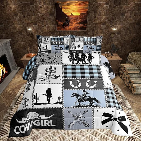 Western Cowgirl Girly Comforter Set King Size,Cactus Horseshoe Cow Skull Bow Bedding Set,Girls Women Room Decor,Cowgirl Boot Geometric Plaids Down Comforter,Blue Rustic Duvet Insert,2 Pillowcases