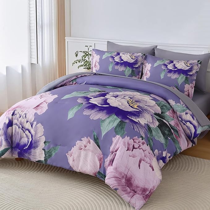 Dobuyly Floral Comforter Set Queen 7 Piece Bed in a Bag, Purple Pink Flower Comforter Set with Sheets, Soft Microfiber Botanical Flower Bedding Set for All Season