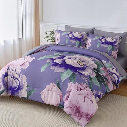 Dobuyly Floral Comforter Set King Size 7 Piece Bed in a Bag, Purple Pink Flower Comforter Set with Sheets, Soft Microfiber Botanical Flower Bedding Set for All Season