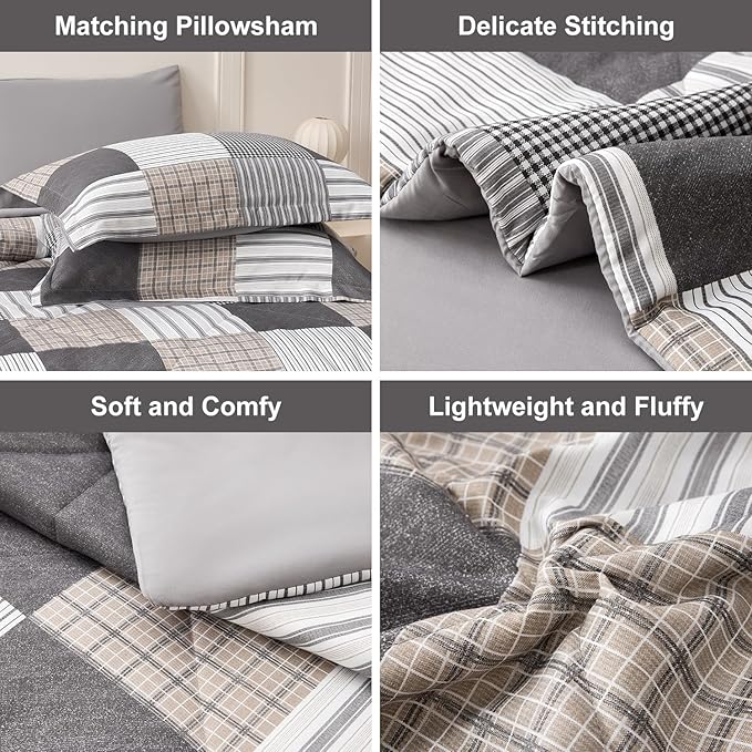 Comforter Set Queen Size Plaid Patchwork Comforter Bedding-7 Piece Bed in a Bag,Soft Fluffy Reversible Microfiber Bedding Set(1 Comforter,1 Flat Sheet,1 Fitted Sheet,2 Pillowcases,2 Pillow Shams),Grey