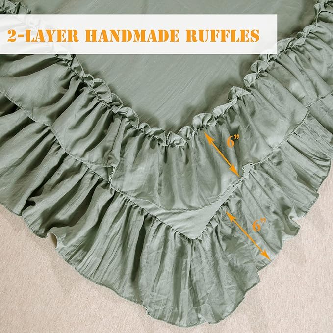 Masaca Green Ruffle Comforter Set Queen,Vintage Farmhouse Shabby Ruffled Chic Bedding Comforter,Rustic Aesthetic Bedding 3 Pieces Women Girls Bedroom Vintage Bed Comforter