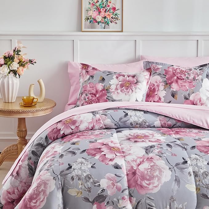 Joyreap 3pcs Floral Comforter Set Full/Queen, Tie-dye Pink Flowers on Gray Design, Microfiber Lightweight Bedding Comforter Set for All Season- 88x88 inches