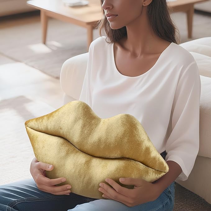 AELS 3D Large Lips Throw Pillows, Soft Decorative Love Pillows, Velvet Cute Pillow, 24 x 12 inches for Couch, Sofa, Bed, Living Room, Bedroom, Bronze Gold