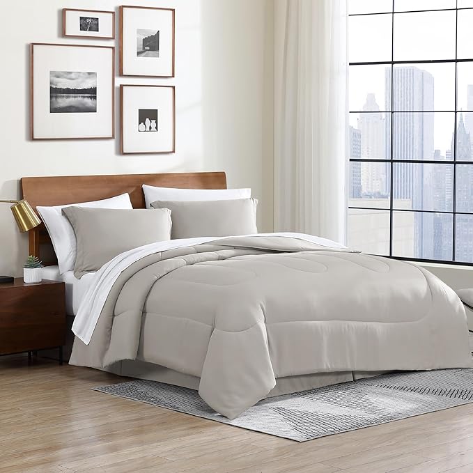 Cathay Home Basic Bedding Home Essential Ultra Soft Lightweight 8PC Wrinkle Resistant Microfiber Bed in a Bag Set (Includes Complete Sheet Set, Comforter Set & Bedskirt) - King, Taupe