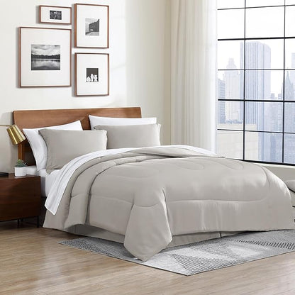 Cathay Home Basic Bedding Home Essential Ultra Soft Lightweight 8PC Wrinkle Resistant Microfiber Bed in a Bag Set (Includes Complete Sheet Set, Comforter Set & Bedskirt) - King, Taupe