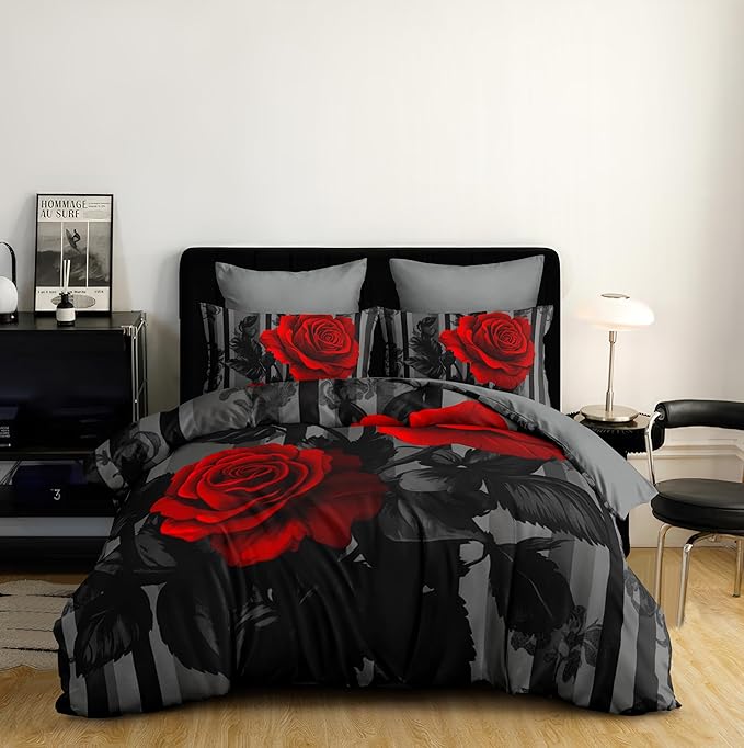 Grey Stripe Comforter Black Red Roses Bedding Set Queen Size for Women Romantic Botanical Leaves Quilted Comforter for Bedroom Decor - 3Piece Soft Fluffy Microfiber with 2 Pillowcases
