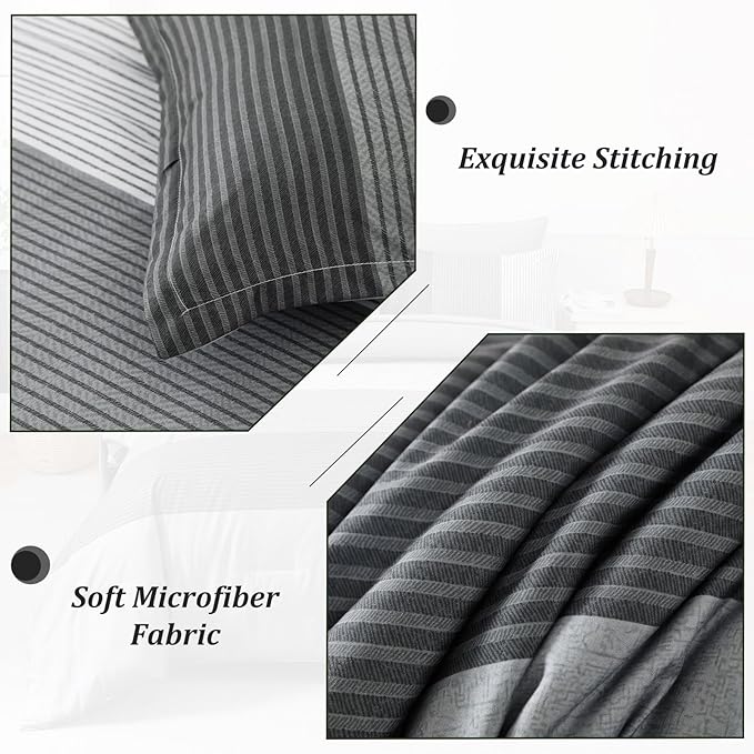 WONGS BEDDING Grey Comforter Set Queen, Reversible Grey Striped Patchwork Down Alternative Comforter for Queen Bed,3 Pieces (1 Comforter+2 Pillowcases), Boho Soft Microfiber Bedding Set 90"×90"