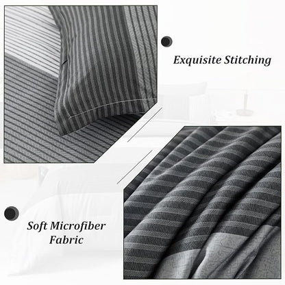 WONGS BEDDING Grey Comforter Set King, Reversible Grey Striped Down Alternative Comforter for King Bed,3 Pieces (1 Comforter+2 Pillowcases), Boho Soft Microfiber Bedding Set 104"×90"