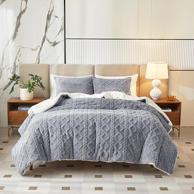 Joyreap 3-Piece Fluffy Faux Fur Sherpa Comforter Set Light Gray, Queen Size Luxury Tufted Bedding Comforter Set, All Season Soft n Cozy Plush Comforter Bed Set- 88x88 inches