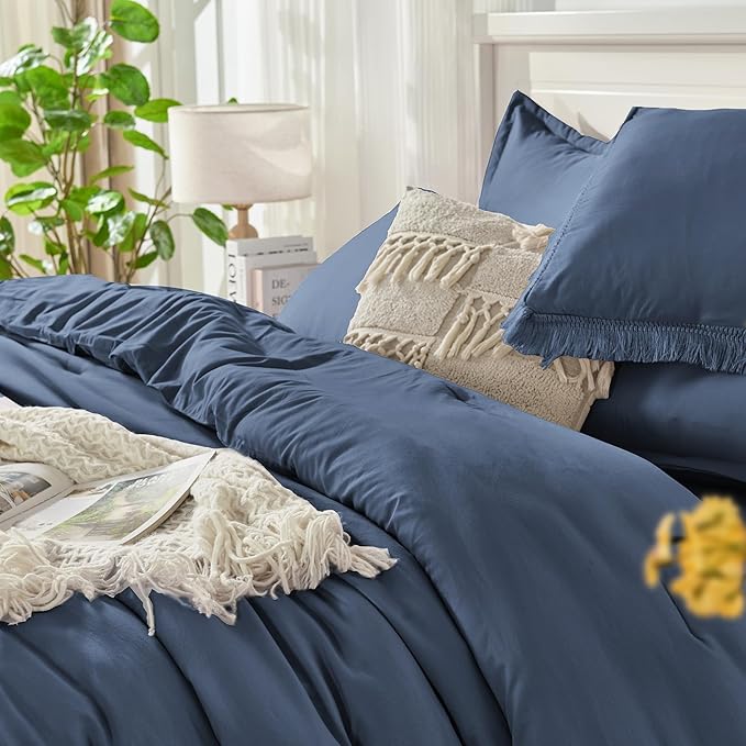 Andency Full Size Comforter Set Bluish Grey -7 Pieces Boho Tassel Bed in a Bag Soft Lightweight Bedding Sets, Fringe All Season Bed Set with Comforter, Sheets, Pillowcases & Shams