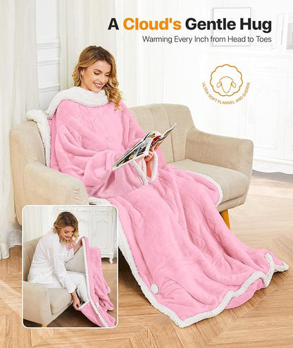 SIHOHAN Heated Throw Blanket Wearable Blanket Throw with Foot Pockets, Sleeves Flannel & Sherpa Wearable Blanket 8 Heating Levels & Timer Snuggle Blankets for Home Office-Electric Blanket 50*60" Pink