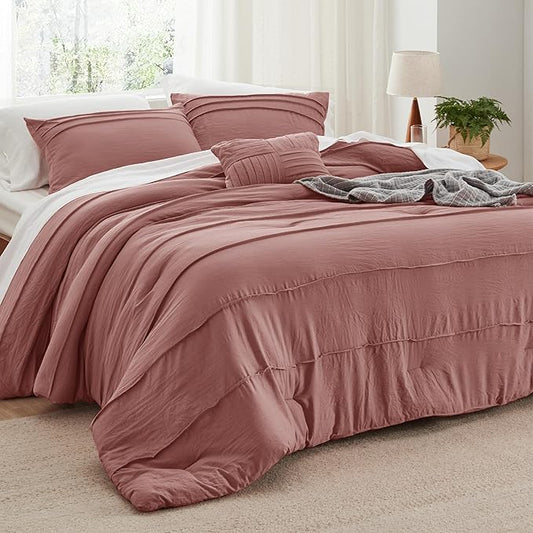 Bedsure California King Comforter Set - 4 Pieces Pinch Pleat Bed Set, Dusty Pink Boho Bedding for All Season, 1 Soft Comforter, 2 Pillowcases, 1 Decorative Pillow