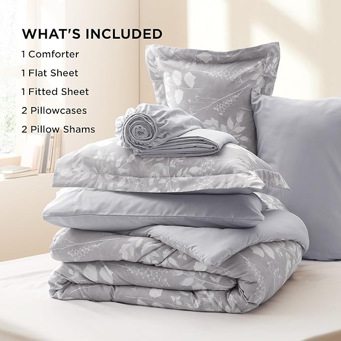 Bedsure Queen Comforter Set - 7 Pieces Floral Grey Soft Bedding Sets, Queen Bed in a Bag with Botanical Flowers Comforter, Sheets, Pillowcases & Shams