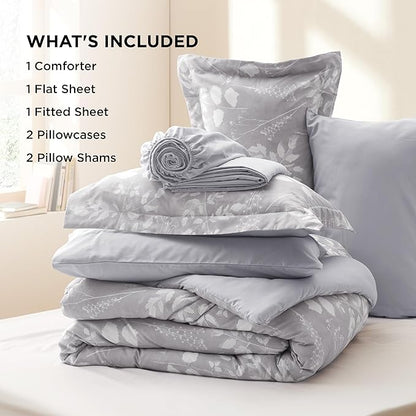 Bedsure King Size Comforter Set - 7 Pieces Floral Grey Soft Bedding Sets, King Bed in a Bag with Botanical Flowers Comforter, Sheets, Pillowcases & Shams