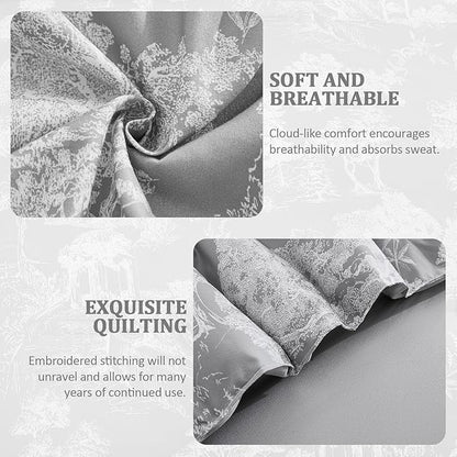 DJY Grey Comforter Set Queen, 7 Pieces Grey Botanical Comforters Queen Size Elegant Plants Print with Sheets Bed in a Bag Soft Microfiber Reversible Complete Bedding Sets for All Season
