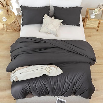 YIRDDEO Full Size Comforter Sets - Full Size Comforter with Ball Pom Fringe, Soft Bedding Set for All Seasons - 3 Pieces, 1 Comforter (79"x90") & 2 Pillow Shams(20"x26"), Charcoal Grey