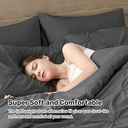 UNIKOME King Comforter Set Dark Gray - Ultra Soft Boho Pintuck Down Alternative Bedding Set for All Seasons, 3 Pieces Lightweight Warm Pinch Pleat Bed Set with Comforter, 2 Pillowcases