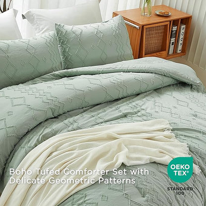 Andency Sage Green Tufted Comforter Set Queen(90x90Inch), 3 Pieces(1 Tufts Comforter, 2 Pillowcases) Boho Textured Farmhouse Bed, Microfiber Down Alternative Geometric Bedding Set