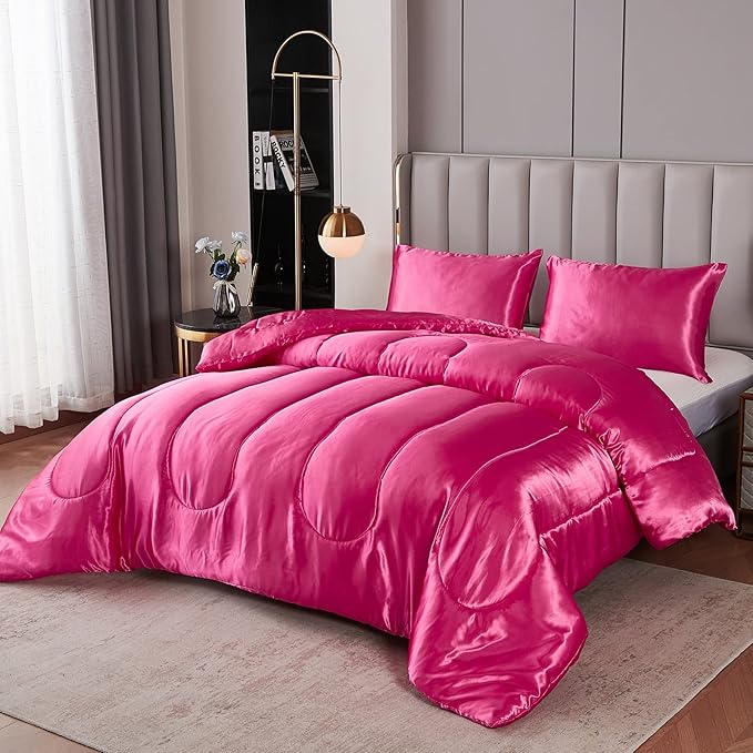 Satin King Comforter Sets Silk Like Hot Pink Comforter Alternative Down Comforter Soft Polyester Filling Luxury Silky Bedding Comforter Set 1 Comforter 2 Pillowcases (King, Hot Pink)