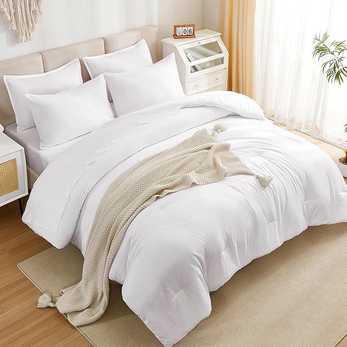 Litanika Comforter Queen Size Set White - 7 Pieces Bed in a Bag Queen Bedding Comforter Sets, Plain Lightweight Bed Set with Comforter, Sheets, Pillowcases & Shams