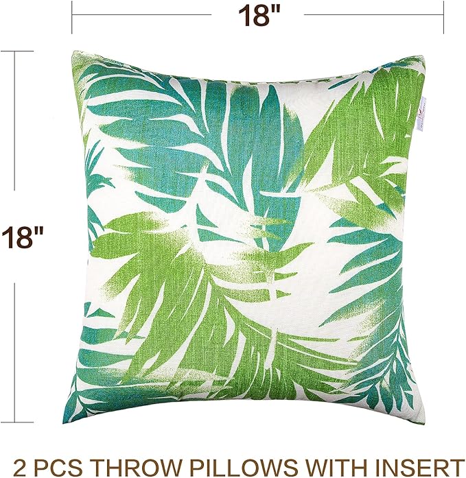 JMGBird Outdoor Pillows Set of 2 with Inserts - 18x18 Waterproof Throw Pillows for Patio Furniture, White Blue Palm Leaf Decorative Cushions