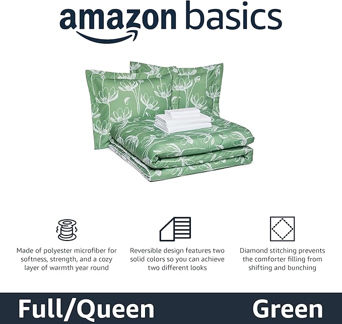 Amazon Basics Lightweight Microfiber Comforter Sets, 7 Pieces, Full/Queen, Green Floral
