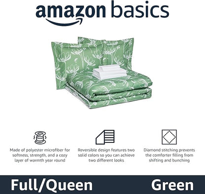 Amazon Basics Lightweight Microfiber Comforter Sets, 7 Pieces, Full/Queen, Green Floral