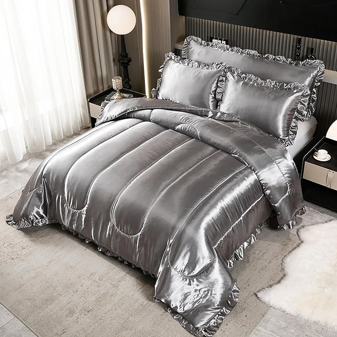 Satin King Comforter Set Silk Like Satin Bedding Set 4 Pcs Hotel Soft Polyester Grey Bed Set Luxury Silky Body Pillow Cover Ruffle Down Comforter Home Decor