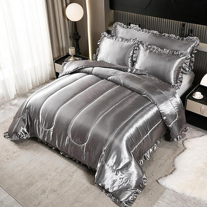 Satin Queen Comforter Set Silk Like Satin Bedding Set 4 Pcs Hotel Soft Polyester Grey Bed Set Luxury Silky Body Pillow Cover Ruffle Down Comforter Home Decor