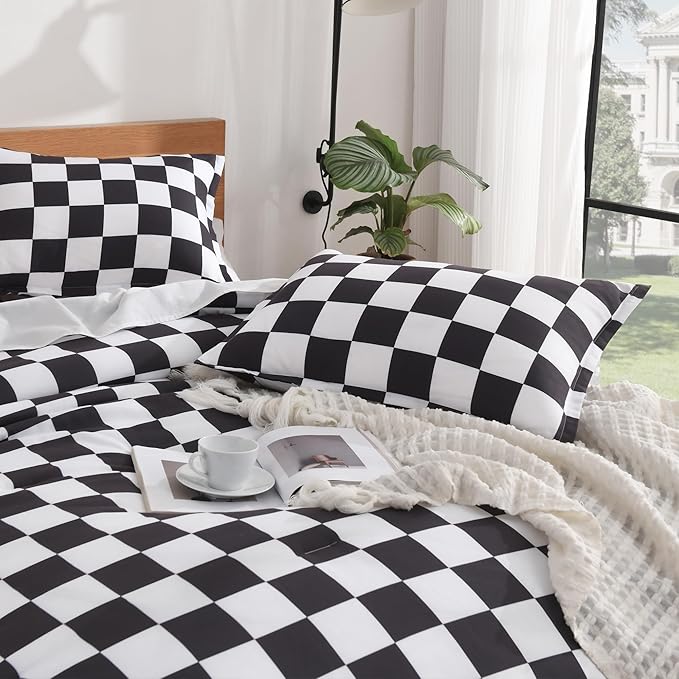 Andency Checkered Comforter Twin(66x90Inch), Black White Plaid Gingham Buffalo Grid Bedding Comforter Sets for Boys Kids Teens, 2 Pieces Lightweight Microfiber Geometric Preppy Bed Set