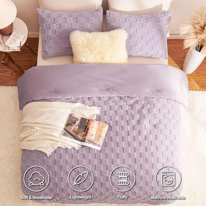 CozyLux Fleece King Comforter Set Light Purple,Super Soft & Warm Fluffy Bedding with Checkered Pattern,Luxury Fuzzy Heavy Bed Set for Winter,3 Pieces,1 Comforter and 2 Pillowcases