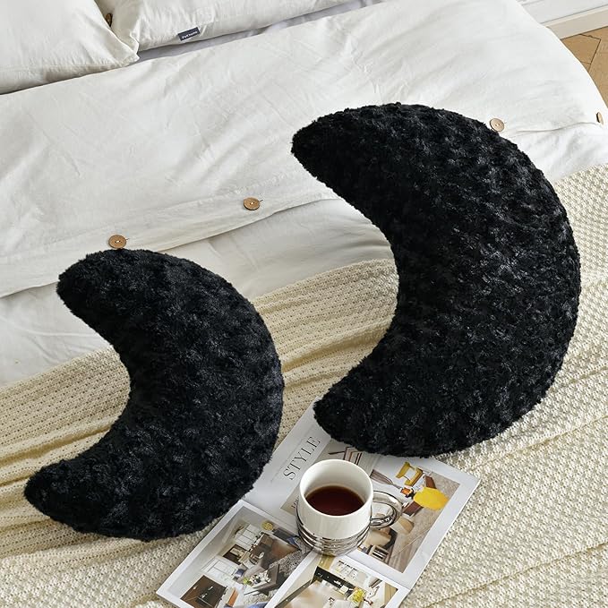 Moon Shaped Pillow with Soft Faux Fur for Couch, Bed, Sofa - Cute Half Moon Pillows with Room Decor for Bedroom, Living Room (14.9 Inches, Black)