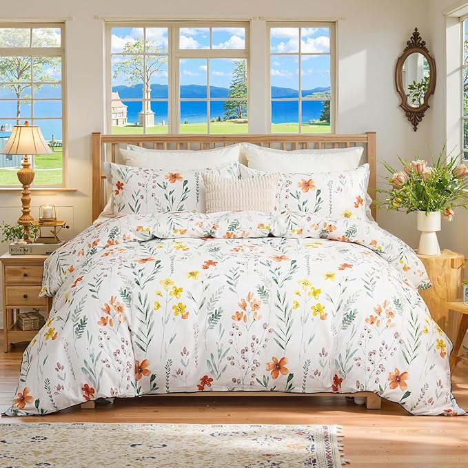 Floral Comforter Set King Size, 100% Nature Cotton 3 Pcs Garden Floral Aesthetic Bedding Set Ultra Soft&Breathable Cottagecore Botanical Comforter