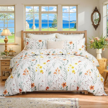 Floral Comforter Set King Size, 100% Nature Cotton 3 Pcs Garden Floral Aesthetic Bedding Set Ultra Soft&Breathable Cottagecore Botanical Comforter