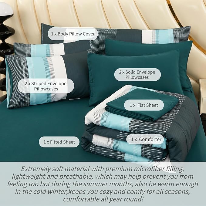 RYNGHIPY Emerald Green Colorblock Bedding Set: 8 Pieces Lightweight Fluffy Comforter Bedding Sets - Soft Microfiber Bed Set for All Seasons (Queen,Emerald Green)