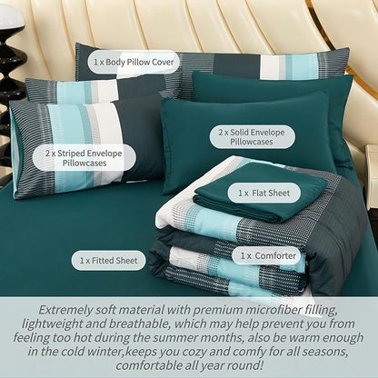 RYNGHIPY Emerald Green Colorblock Bedding Set: 8 Pieces Lightweight Fluffy Comforter Bedding Sets - Soft Microfiber Bed Set for All Seasons (Queen,Emerald Green)
