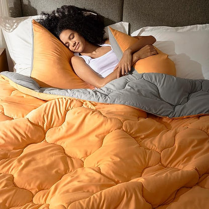 Comfort Spaces King Comforter Set, Chic Reversible Quatrefoil Quilting Comforters King, All Seasons, Lightweight Microfiber Bedding Set Matching Sham, Vixie, King Orange/Grey 3 Piece