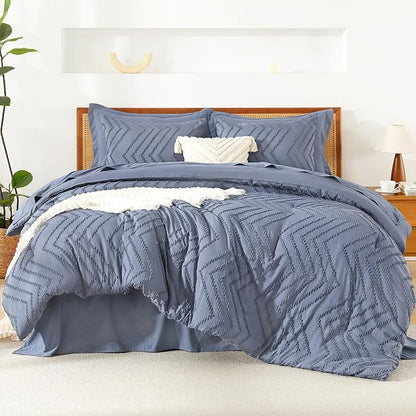 Litanika King Size Comforter Set with Sheets Bluish Grey - 7 Pieces Bed in a Bag King Chevron Tufted Complete Bedding Sets with Comforter, Sheets, Pillowcases & Shams