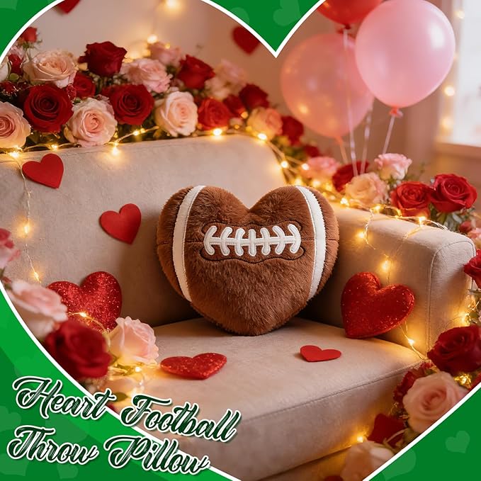 2Pcs Football Throw Pillow, 11 in Soft Embroidered Fluffy Football Pillow, Stuffed Plush Heart Shape Football Pillow for Bedrooom Couch Bed Decoration, Gift for Football Lover, Player, Team
