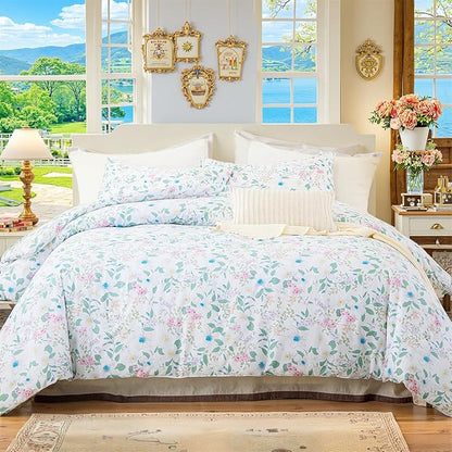 King Floral Comforter Set 100% Cotton Comforter 3 Pieces Green Leaves and Pink Floral Bedding Set Lightweight Soft Reversible Bedding for All Season