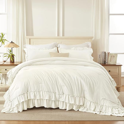 Andency Ivory Ruffle Comforter Set Oversized King, Shabby Chic Solid Bedding Set 3 Pieces, Lightweight Soft Bet Set 120x98 for Girls Women (1 Comforter 2 Pillowcases)