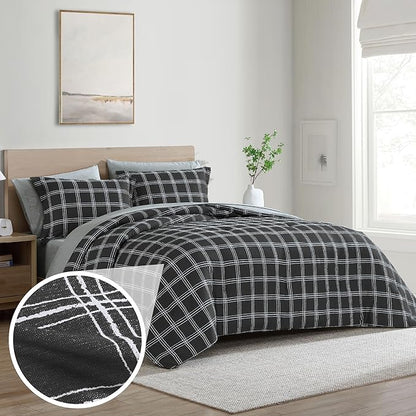 Cathay Home Basic Bedding Home Essential Ultra Soft Lightweight 5PC Wrinkle Resistant Microfiber Bed in a Bag Set (Includes Complete Sheet Set & Comforter Set) - Black Plaid, Twin
