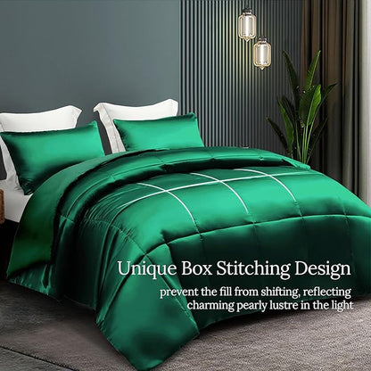 Whale Flotilla 3-Piece Reversible Silky Soft Queen Comforter Bedding Set, Luxurious Satin Comforters Full Size with 2 Satin Pillowcases, Lightweight Duvet for All Seasons, Deep Green