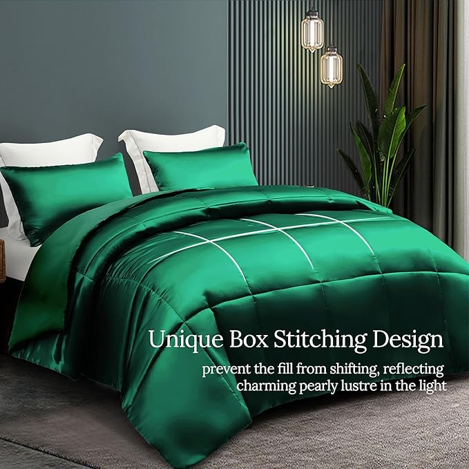 Whale Flotilla 3-Piece Reversible Silky Soft King Size Comforter Bedding Set, Luxurious Satin Comforters Oversized with 2 Satin Pillowcases, Lightweight Duvet for All Seasons, Deep Green